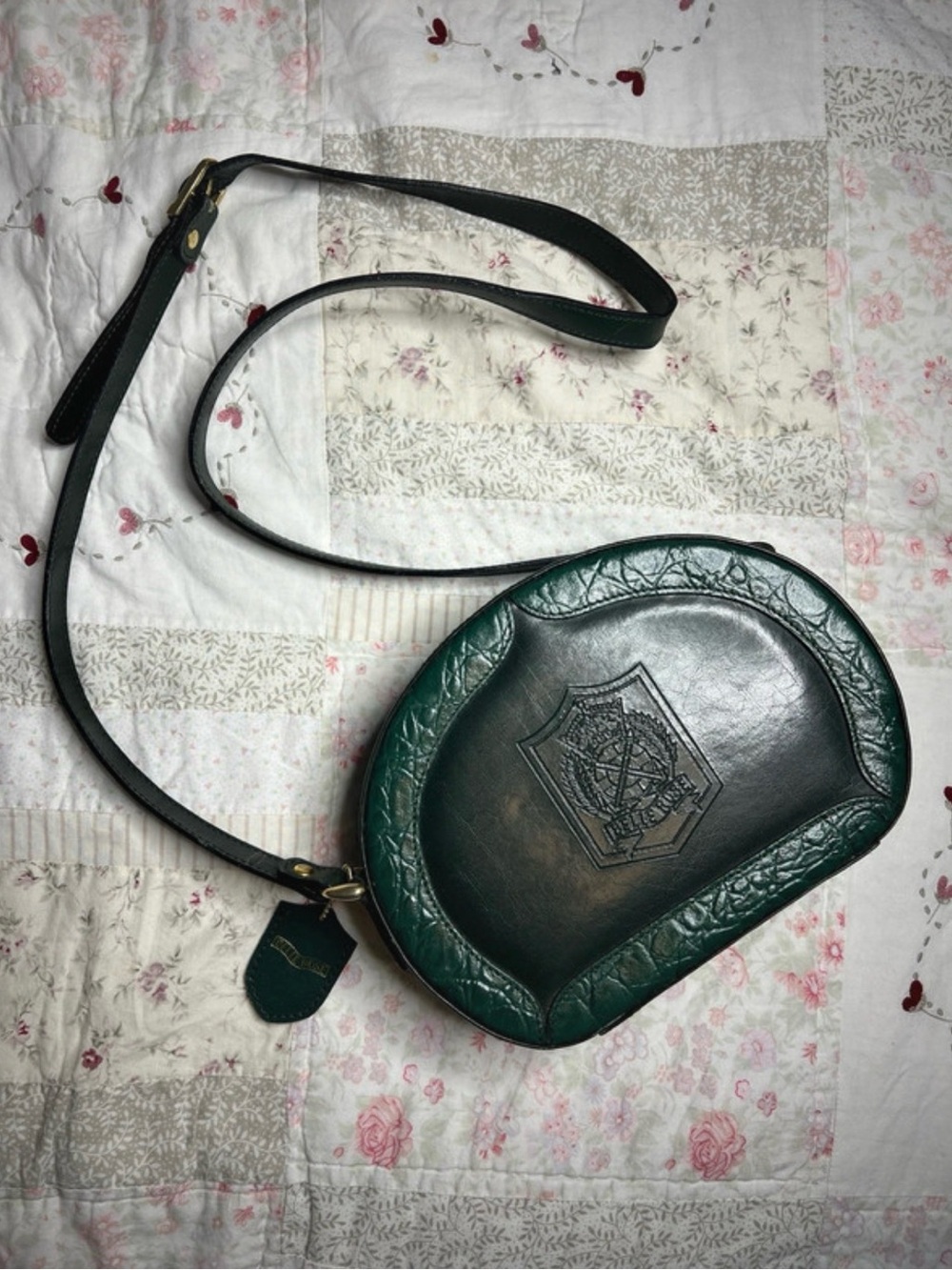 Green Leather Crossbody Bag with Embossed Crest